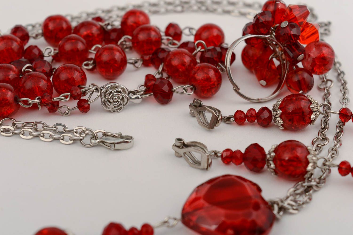 Set of handmade red Czech crystal beaded jewelry bracelet ring and earrings photo 3