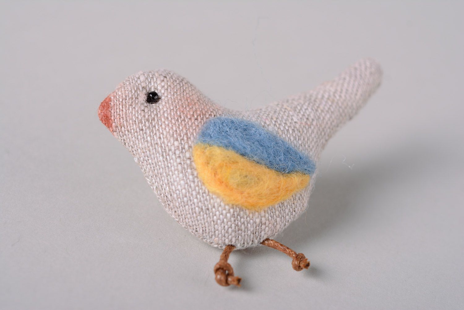 Handmade embroidered linen fabric brooch with yellow and blue wing Bird photo 5