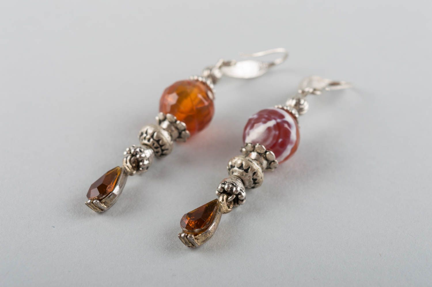 Unusual stylish handmade brass earrings with dangle agate stone beads photo 3