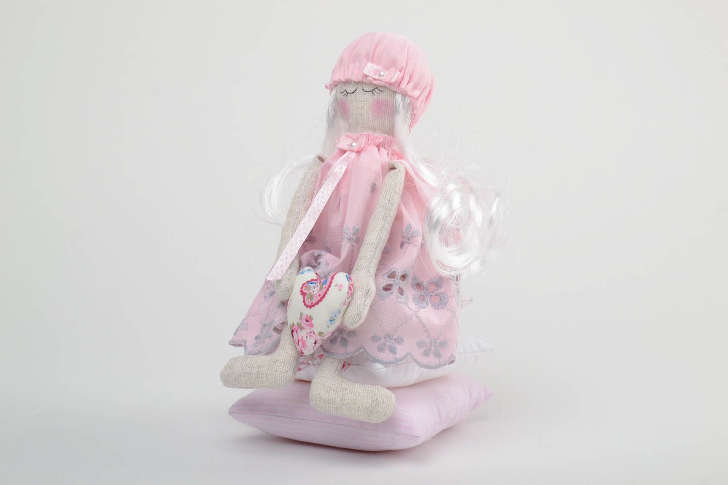 Handmade fabric soft doll princess sewn of cotton and linen in pink color palette photo 2