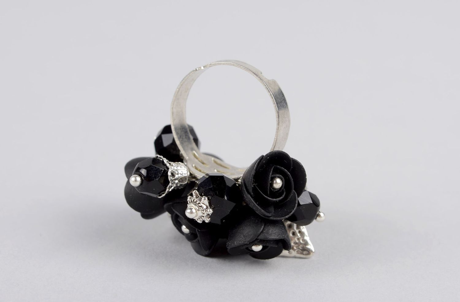 Flower ring black ring handmade polymer clay ring stylish ring women accessories photo 3