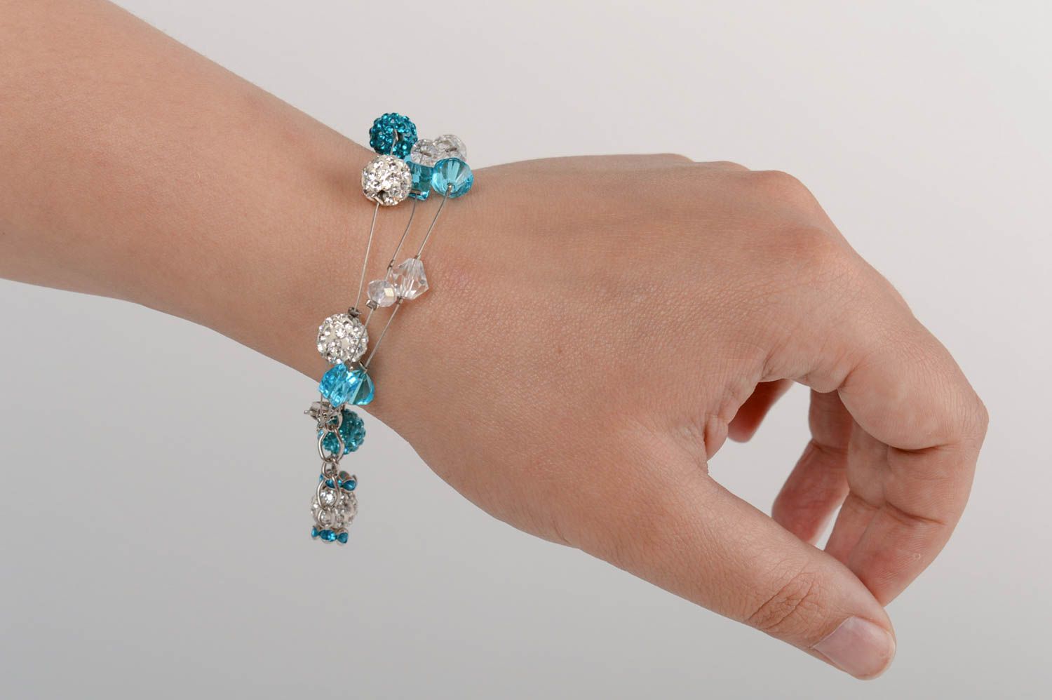 Handmade white and blue wrist bracelet with crystal beads with rhinestones  photo 5