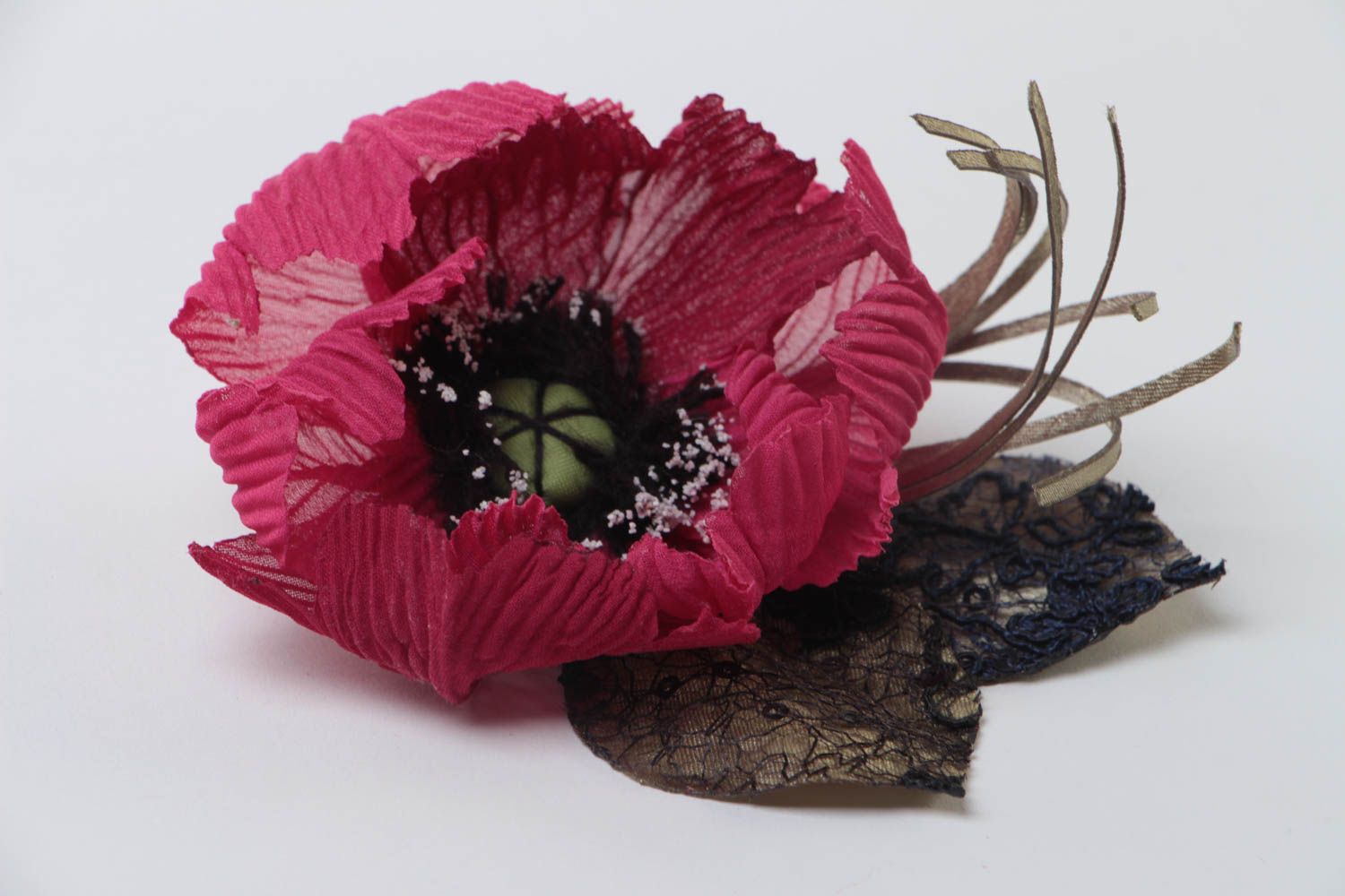 Broche barrette grande fleur de coquelicot en soie faite main originale photo 3