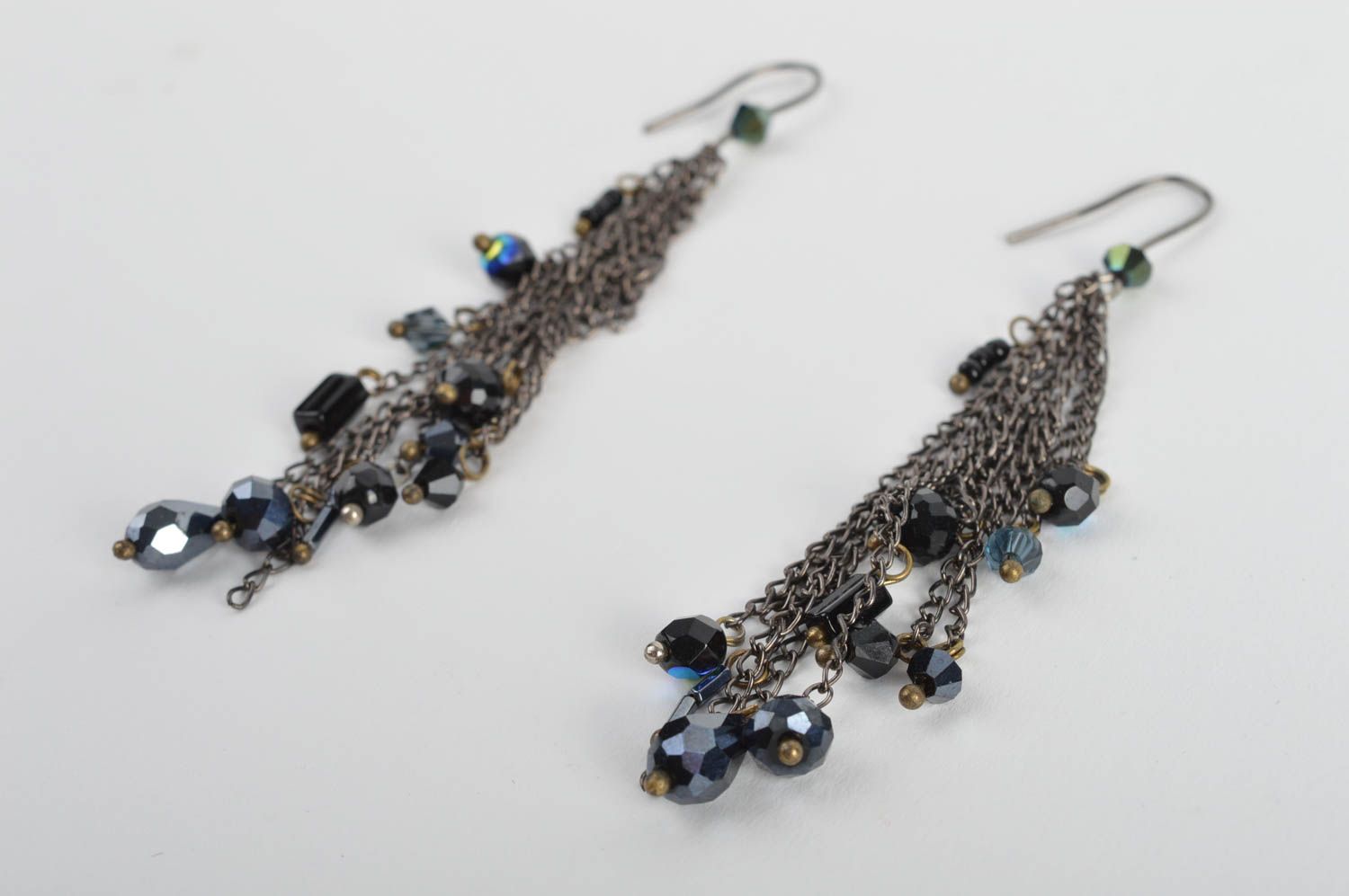 Handmade long festive earrings with glass black beads on metal chain photo 3