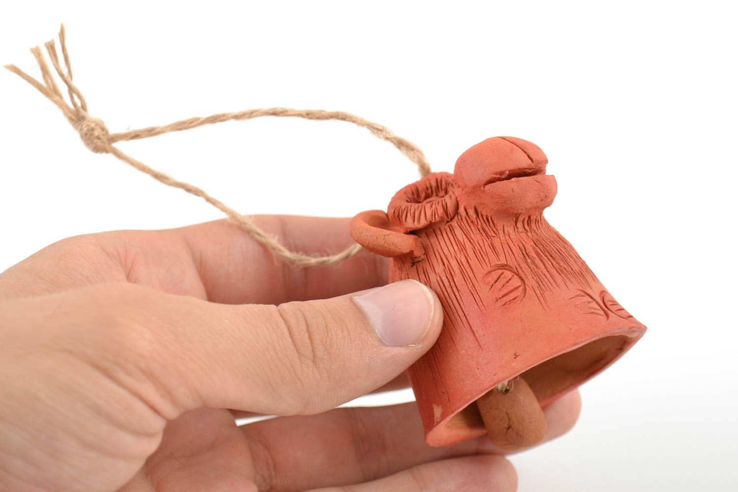 Small funny decorative handmade ceramic bell in the shape of monkey with cord photo 2