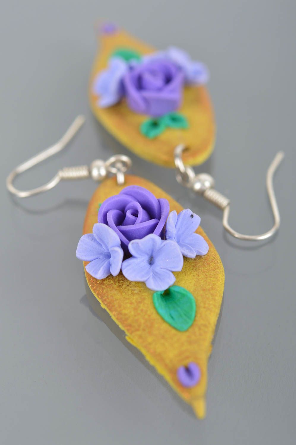 Volume long earrings made of polymer clay with flowers handmade accessory photo 5