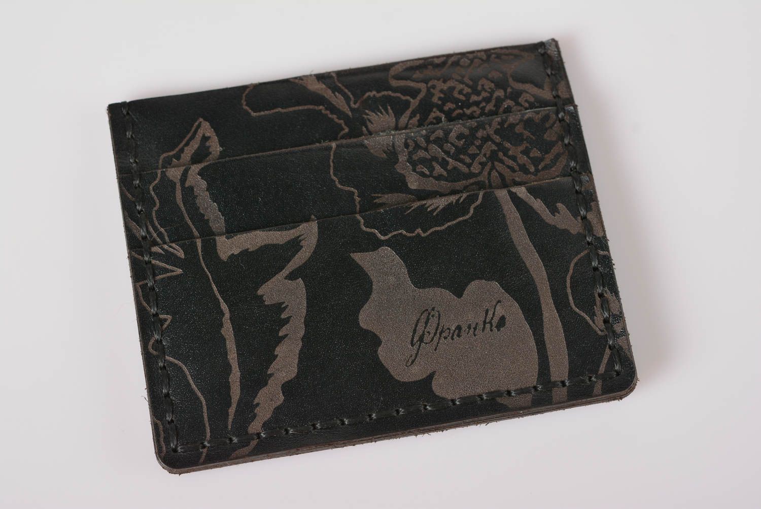 Porte-cartes de visite en cuir fait main Cadeau pour femme noir avec gravure photo 3