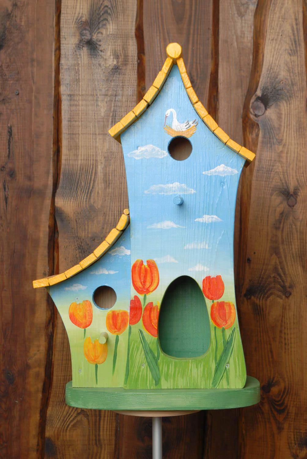 Large wooden birdhouse feeder with painting photo 3