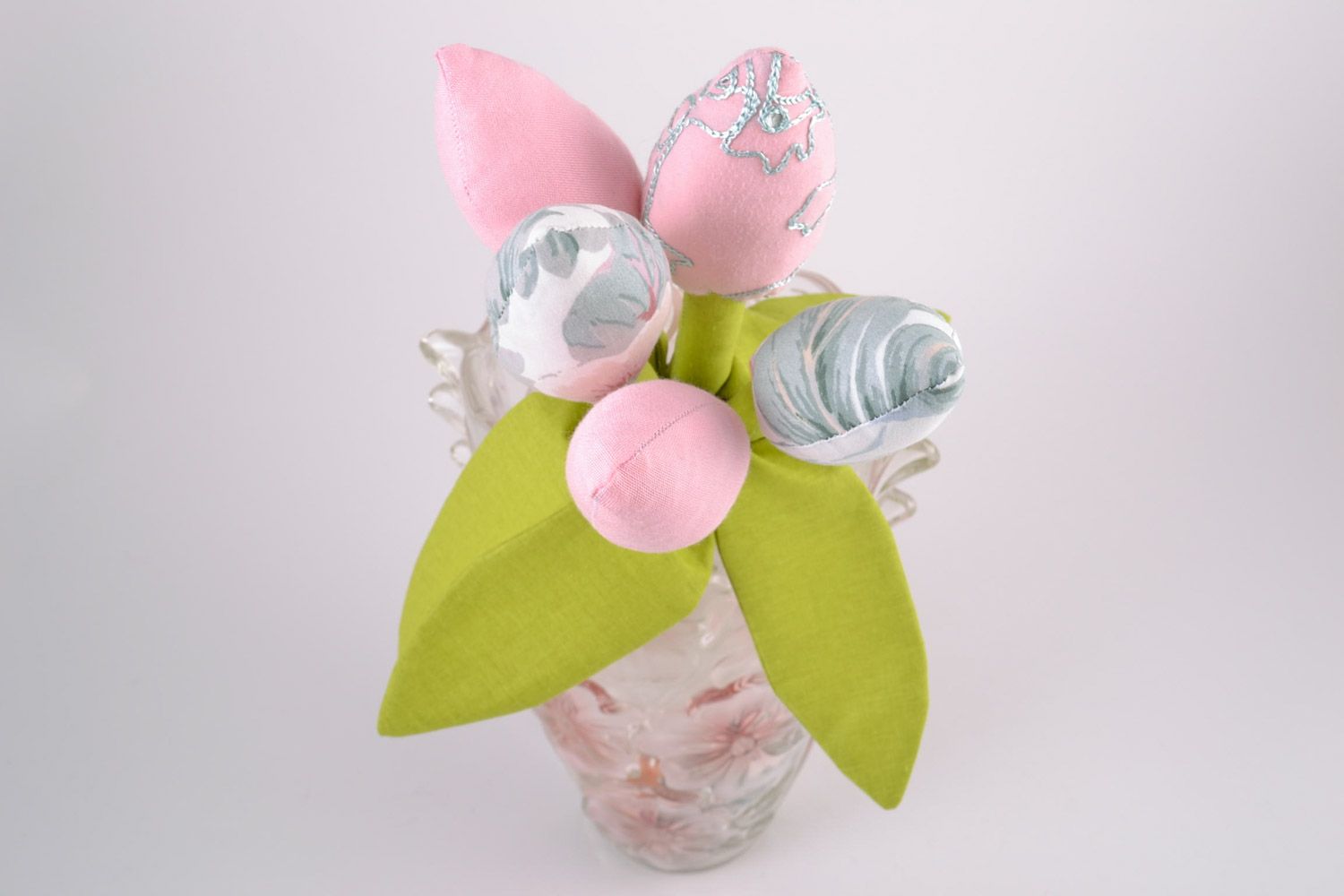 Bouquet of 5 handmade decorative soft pink tulip flowers sewn of cotton fabric photo 1