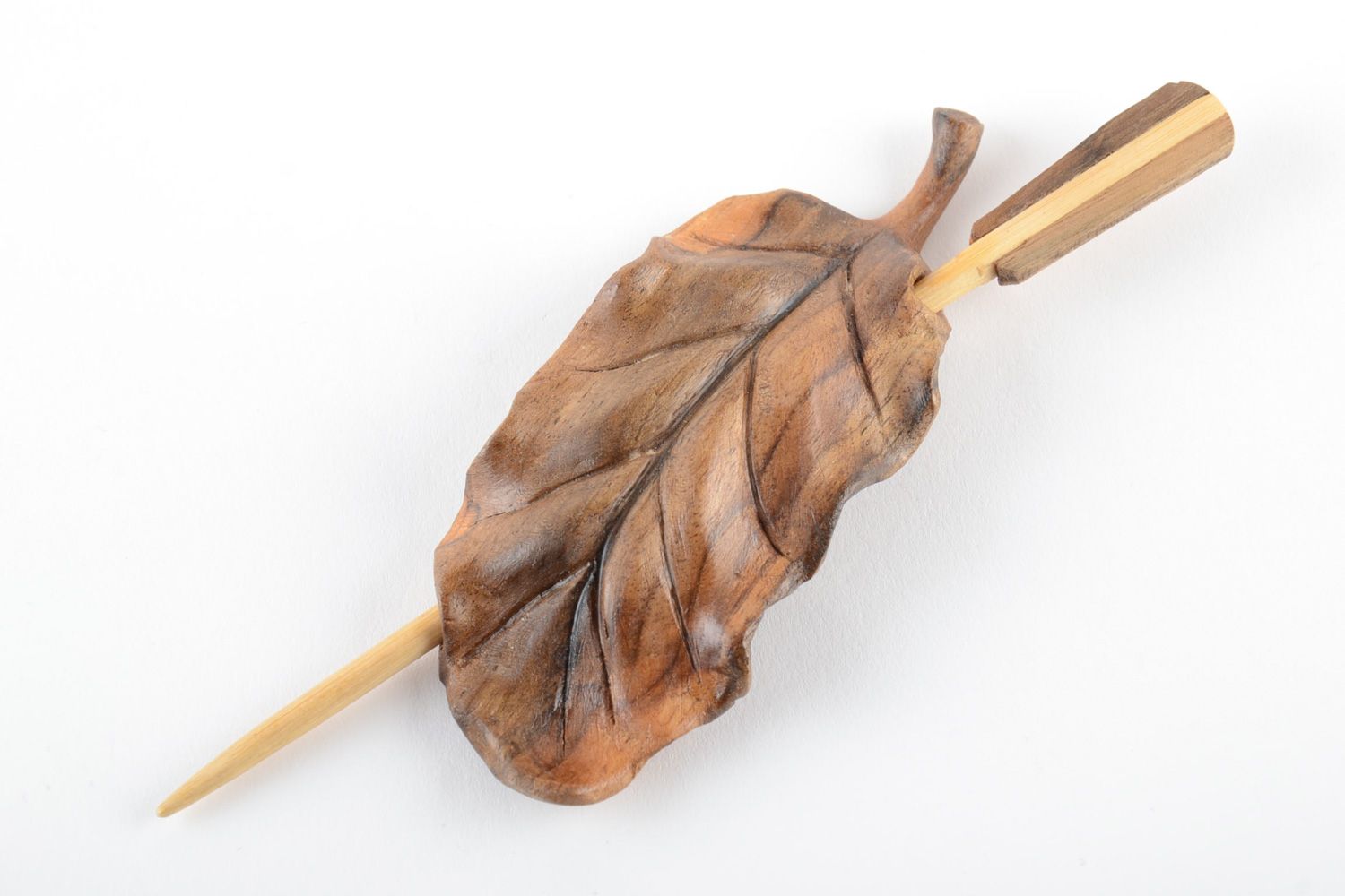 Handmade carved wooden hair clip with stick in the shape of leaf in ethnic style photo 2