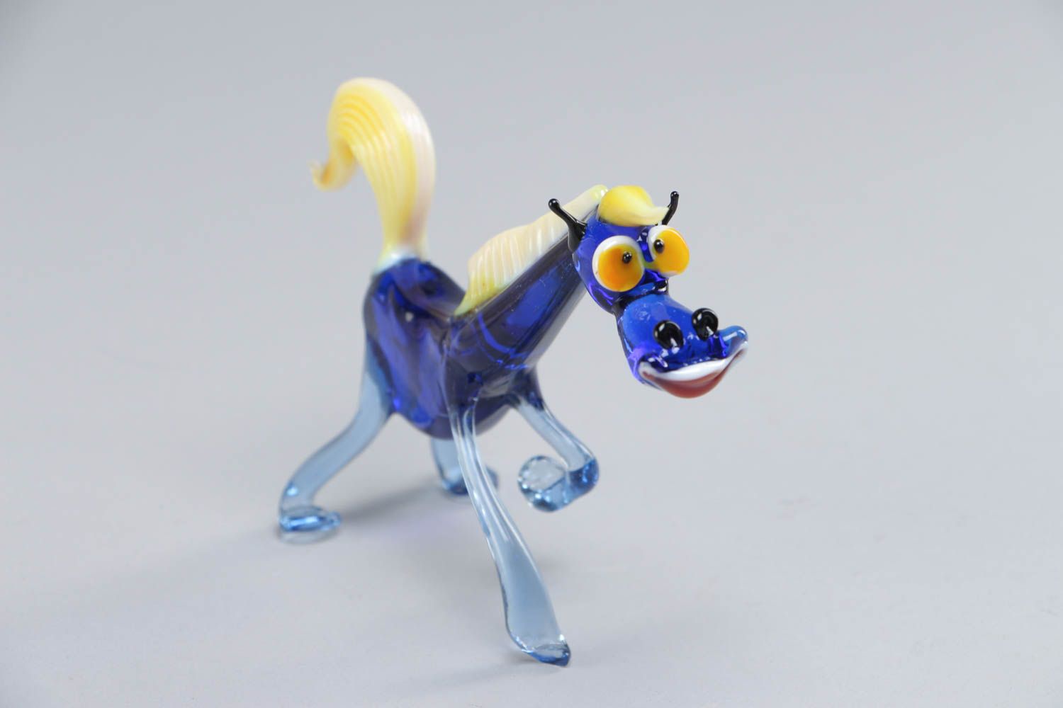 Handmade collectible lampwork glass miniature animal figurine of funny blue horse photo 2