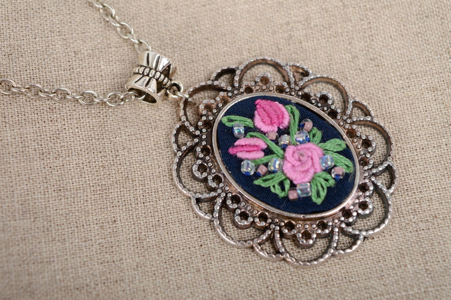 Gentle lacy embroidered pendant with chain photo 4