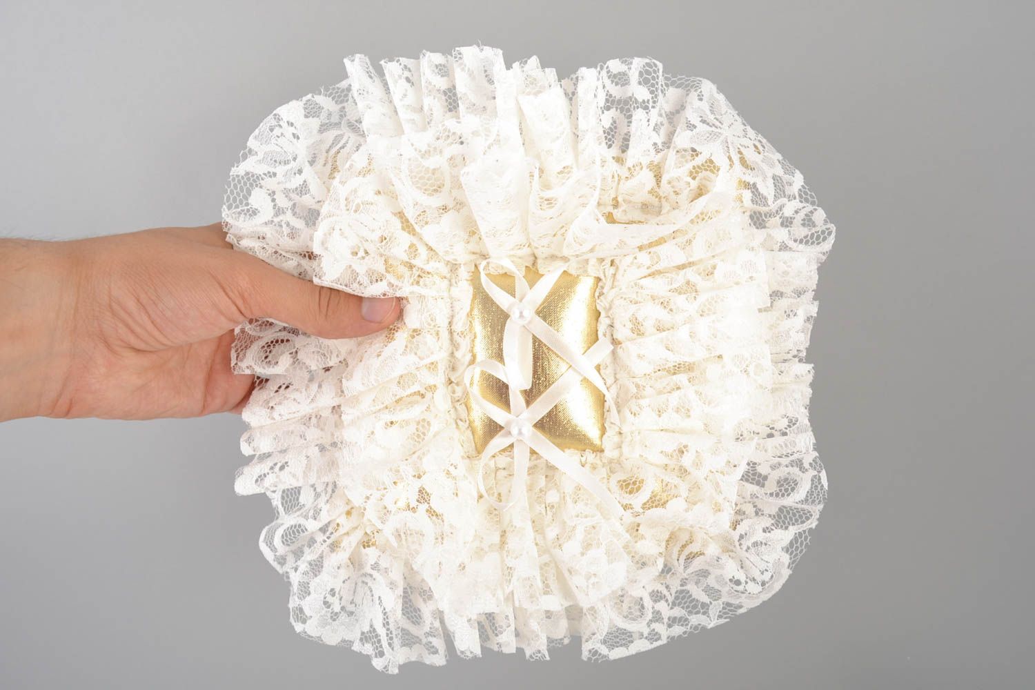 Beautiful handmade designer soft ring bearer pillow with guipure photo 4