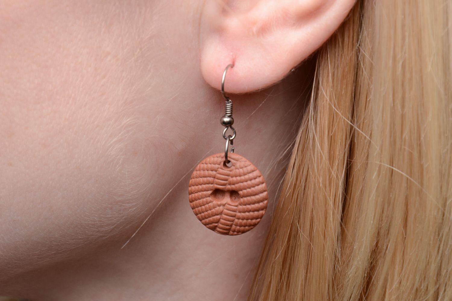 Round ceramic earrings in the shape of buttons photo 2