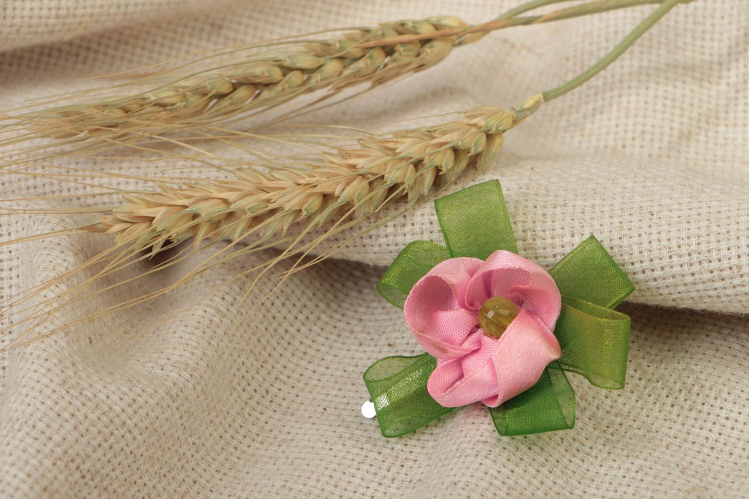 Hairpin made of satin ribbons pink flower handmade designer hair accessory photo 1