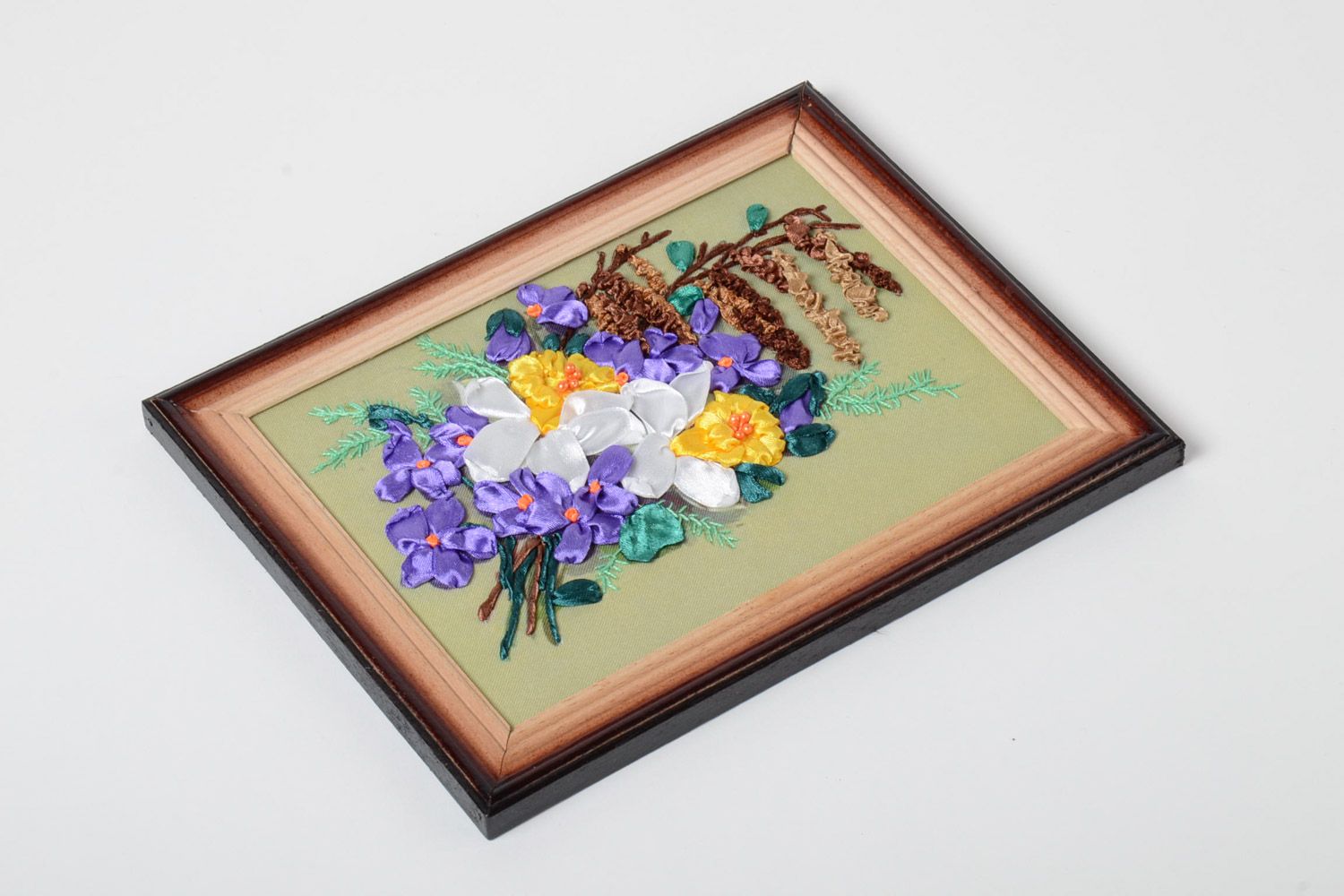 Handmade beautiful picture with ribbon embroidery in a wooden frame with flowers photo 2