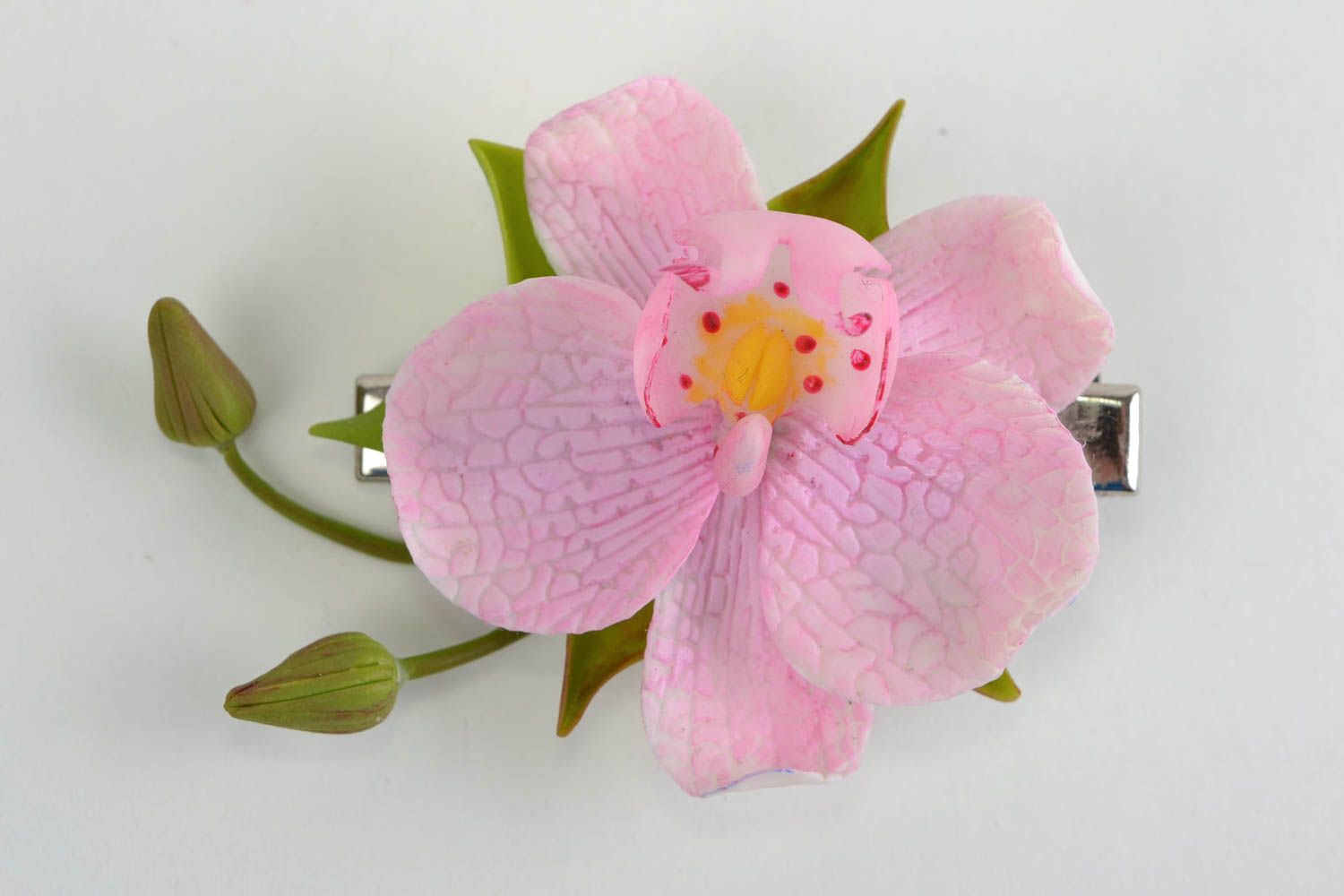 Заколка для волос из холодного фарфора ручной работы в виде розовой орхидеи фото 1