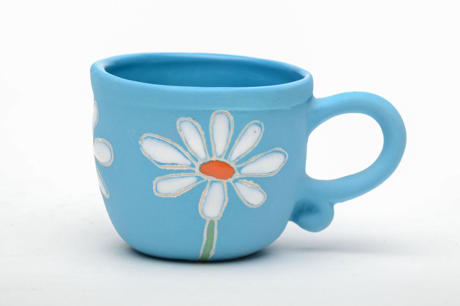 Small kids' ceramic clay 3 oz cup in blue color with camomile pattern photo 2