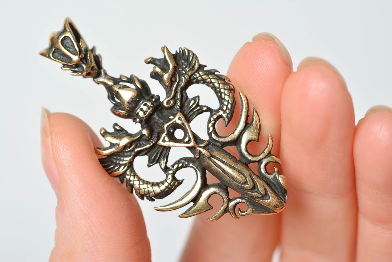 Handmade unisex cast bronze pendant in the shape of dragon sword unisex photo 4