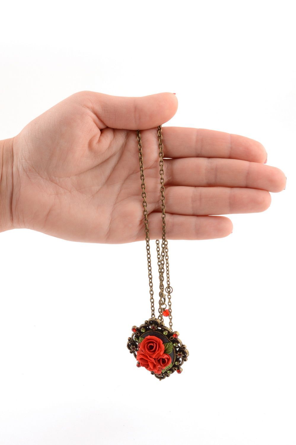 Handmade cute festive flower pendant made of polymer clay on long chain  photo 5