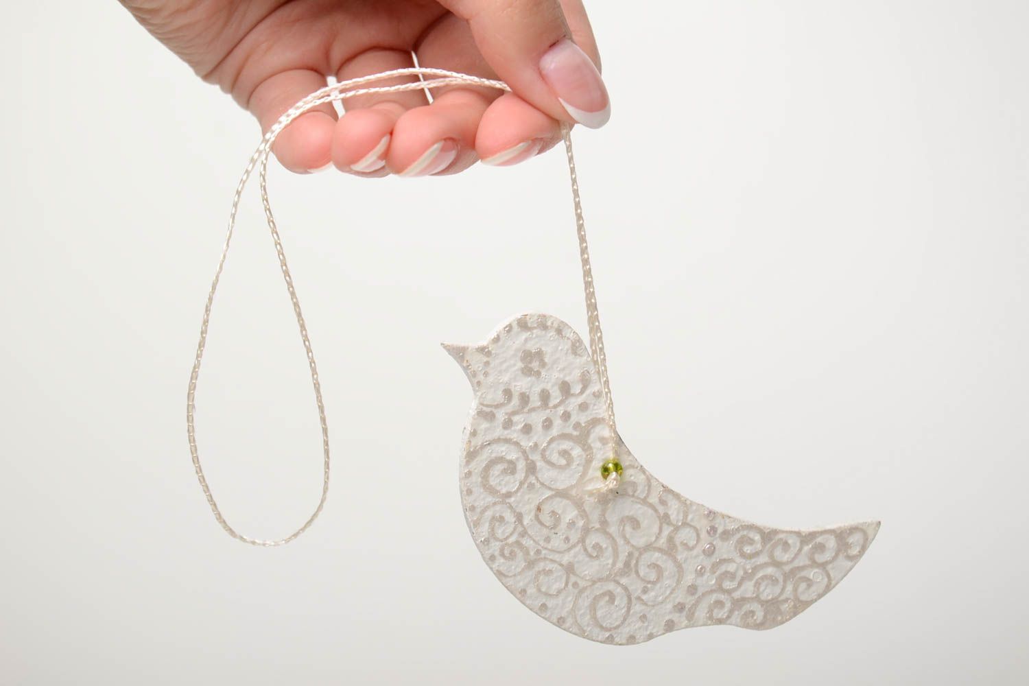 Fiberboard decorative interior handmade painted pendant with beads Bird photo 5