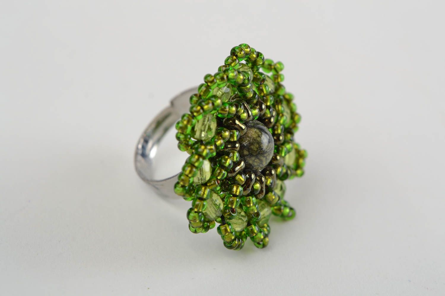 Handmade green ring made of seed beads with natural stone of unusual shape
 photo 4