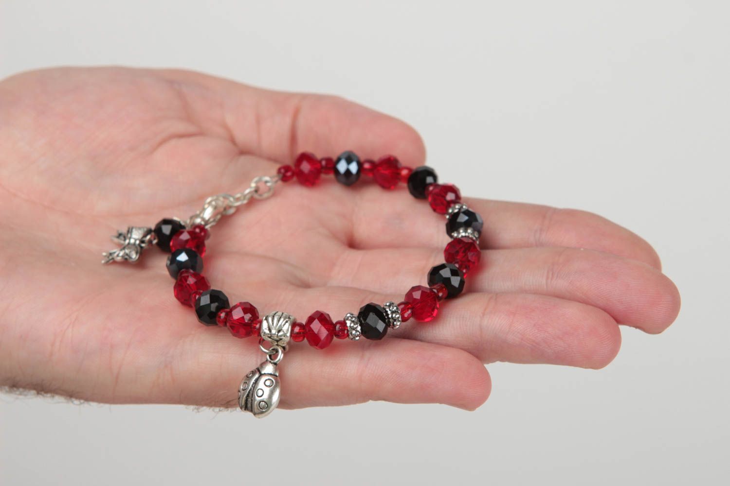 Dark red and black beads bracelet with silver ladybug charm for girls photo 5