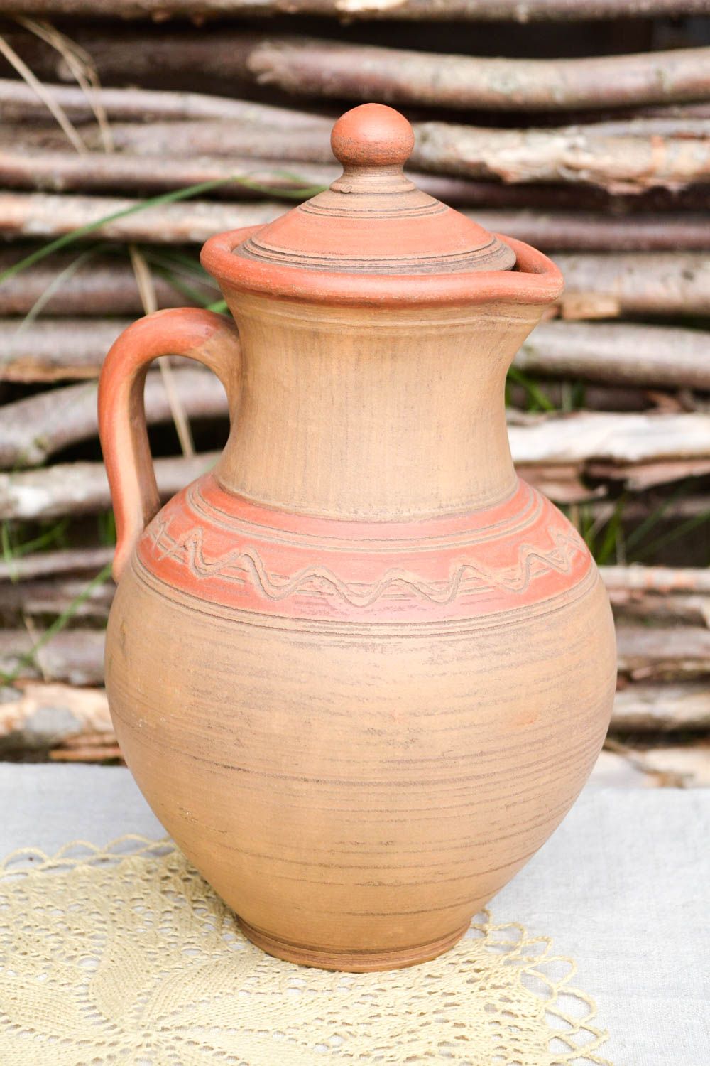 Large ethnic style ceramic water pitcher with handle, lid, and ornament décor 11, 2,7 lb photo 1