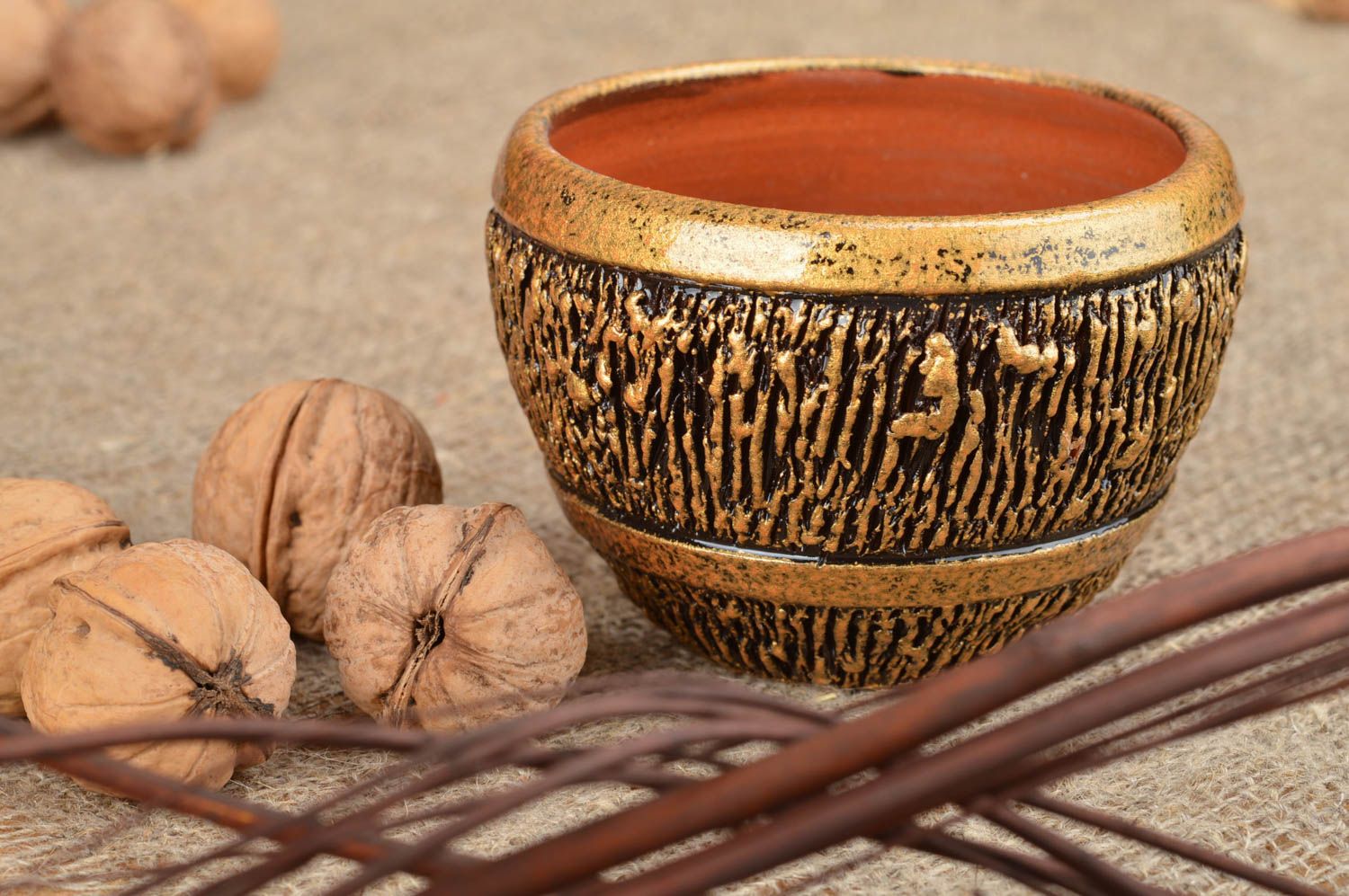 Handmade unusual beautiful stylish clay goldish small bowl for jam 100 ml photo 1