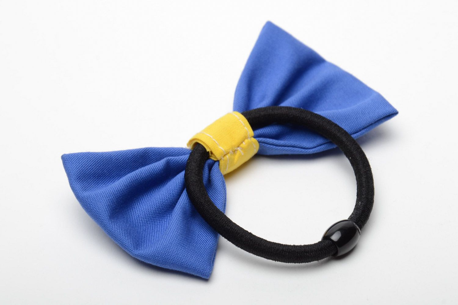 Unusual handmade blue cotton fabric bow hair tie photo 3