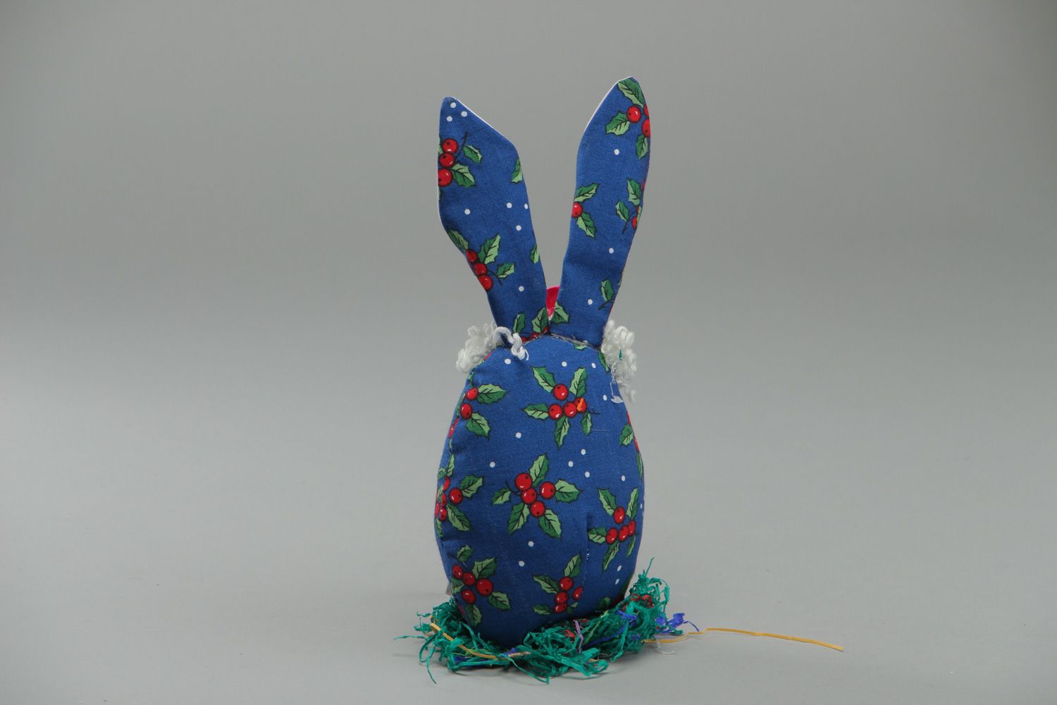 Small handmade soft interior toy sewn of fabric Easter Rabbit of blue color photo 3