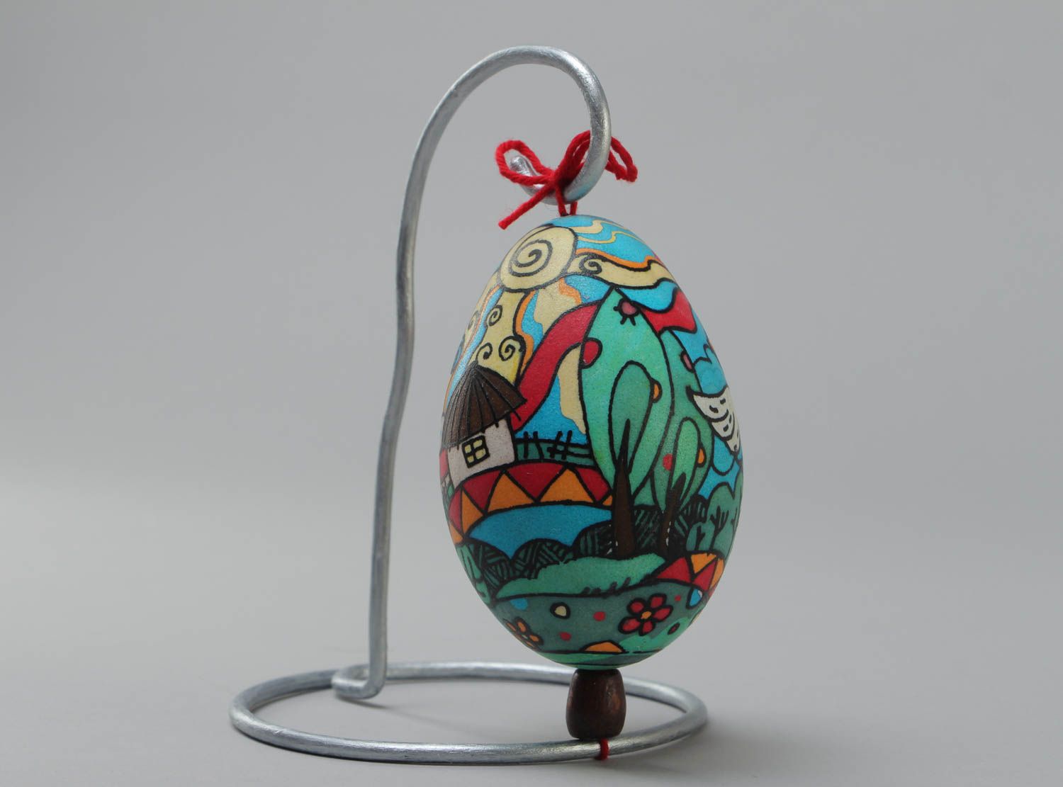 Handmade decorative colorful painted Easter goose egg with metal stand photo 4