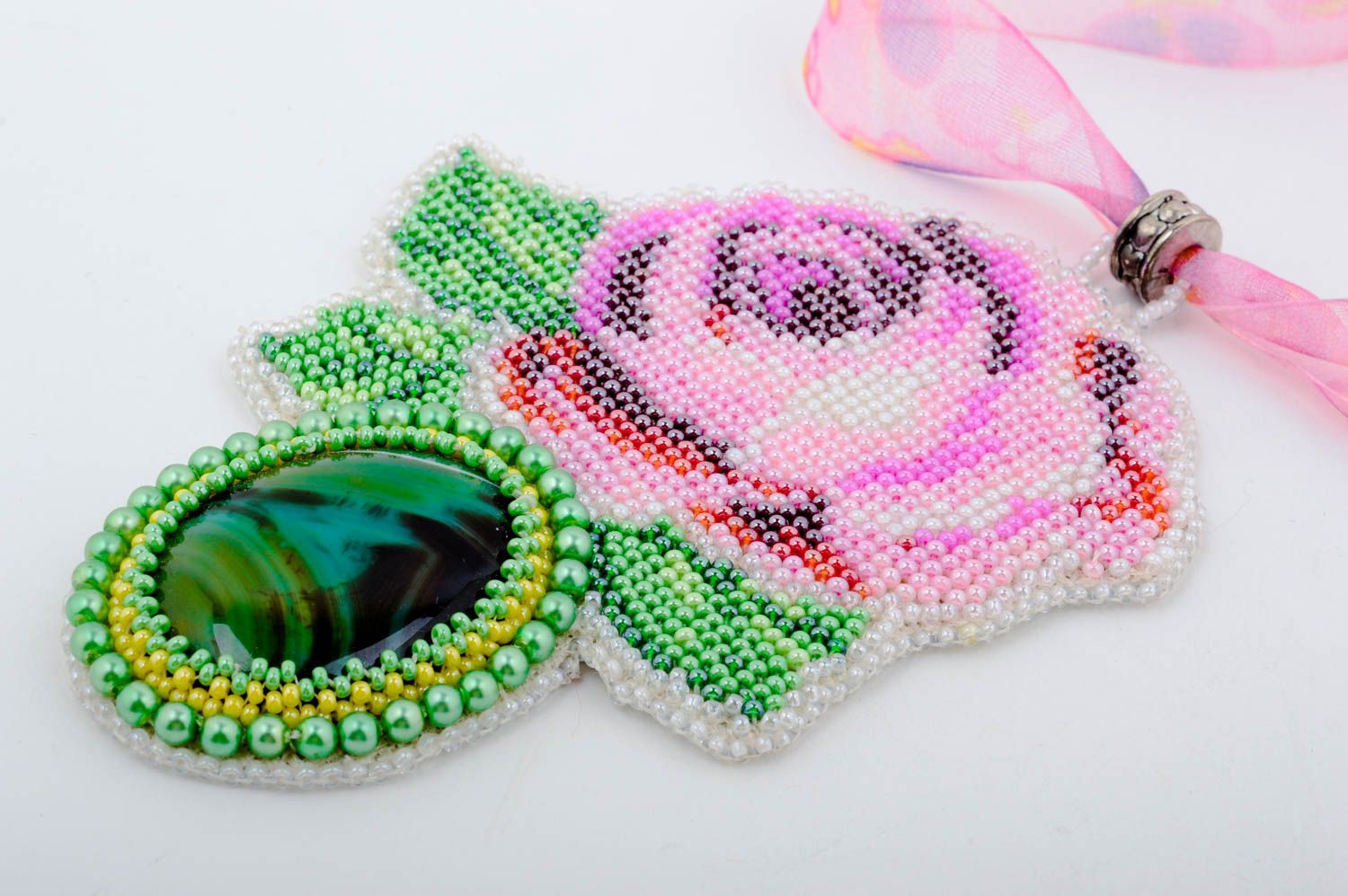 Damen Collier handmade Glasperlen Schmuck mit Naturstein Geschenk für Frau Rose foto 4