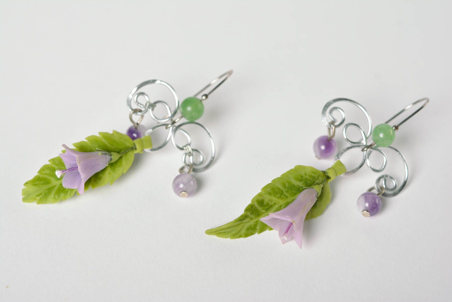 Handmade fancy long dangling earrings with polymer clay flowers and beads photo 2