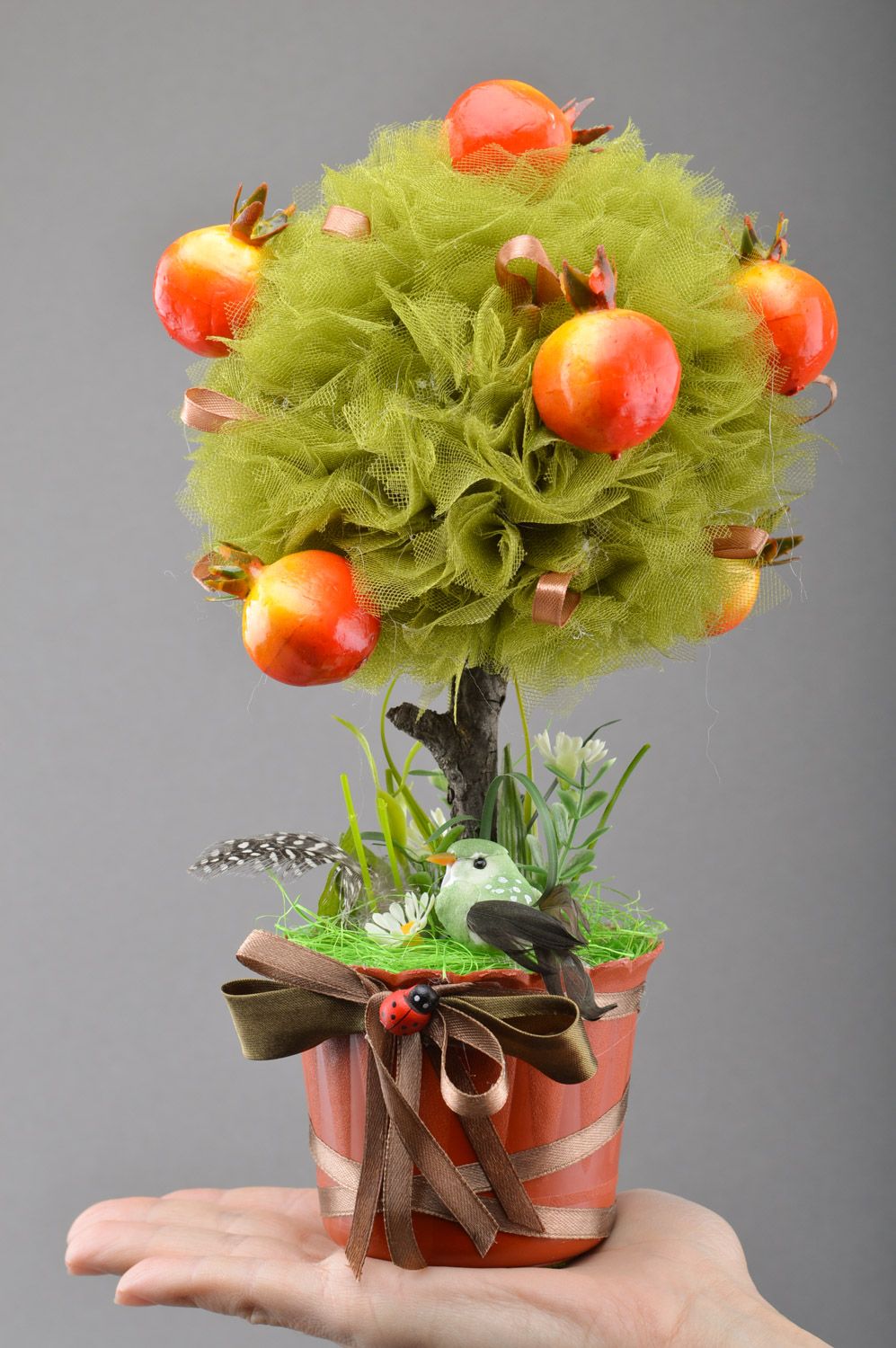 Handmade tulle and ribbon textile topiary tree of happiness with pomegranate and bird photo 1