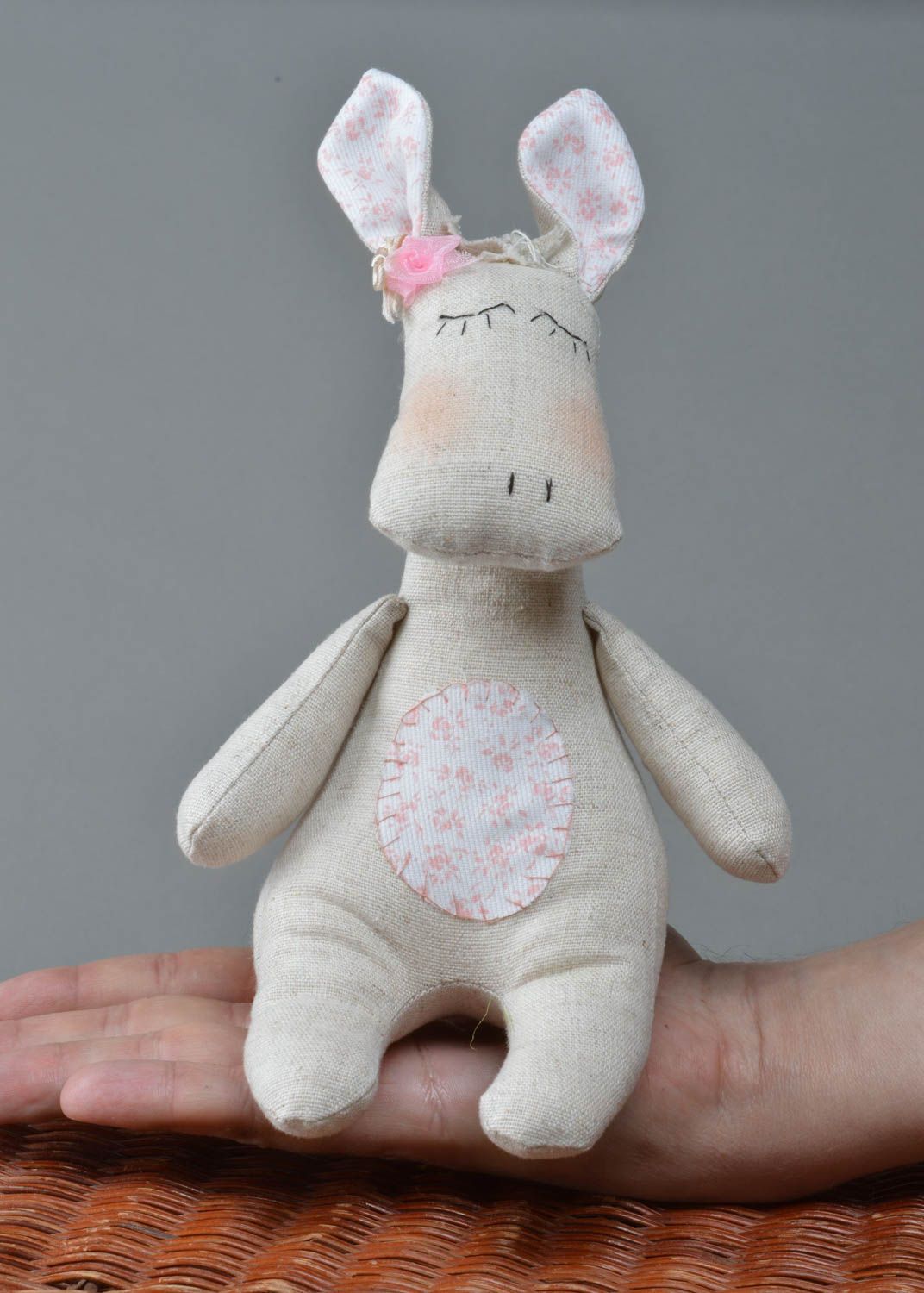 Handmade linen and cotton fabric soft toy light sleepy donkey for kids and decor photo 1