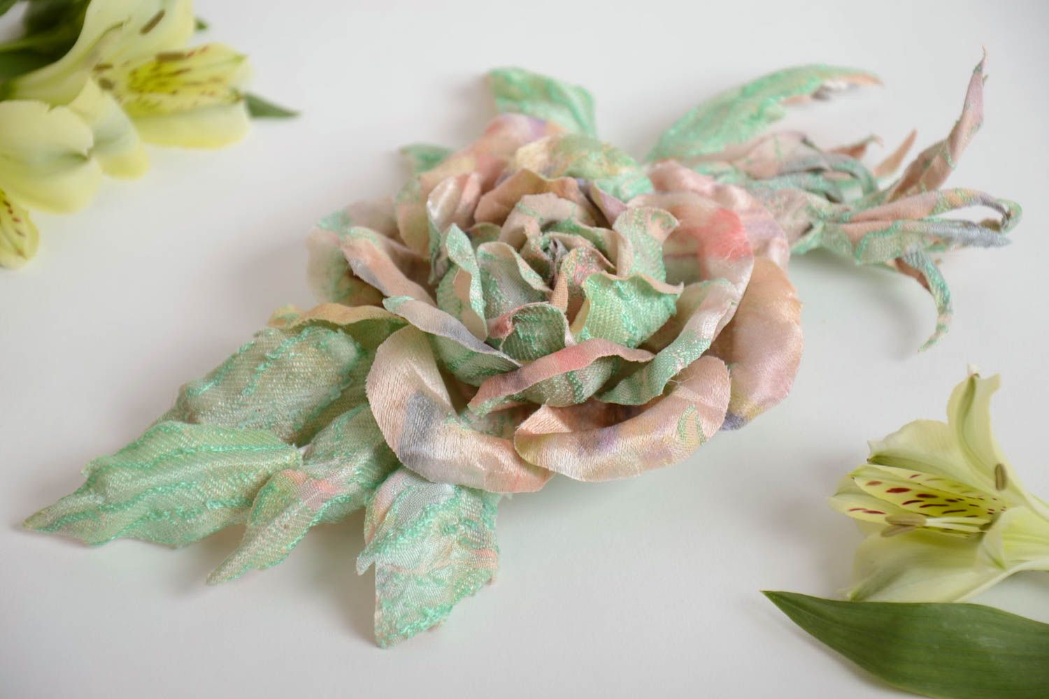 Handmade designer brooch with large volume fabric flower of pastel coloring photo 1