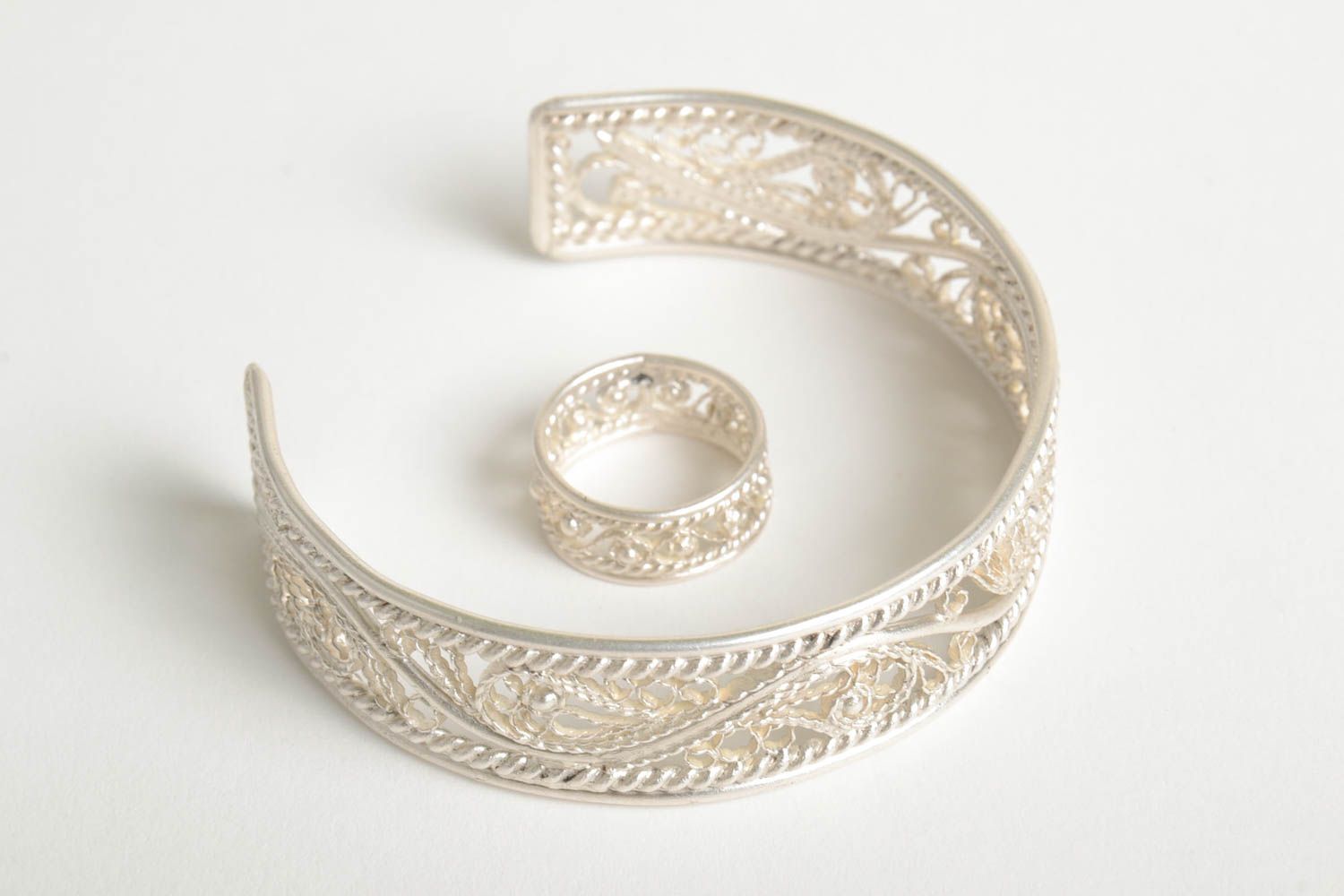 Украшения ручной работы серебряный перстень браслет из серебра ажурные набор фото 4