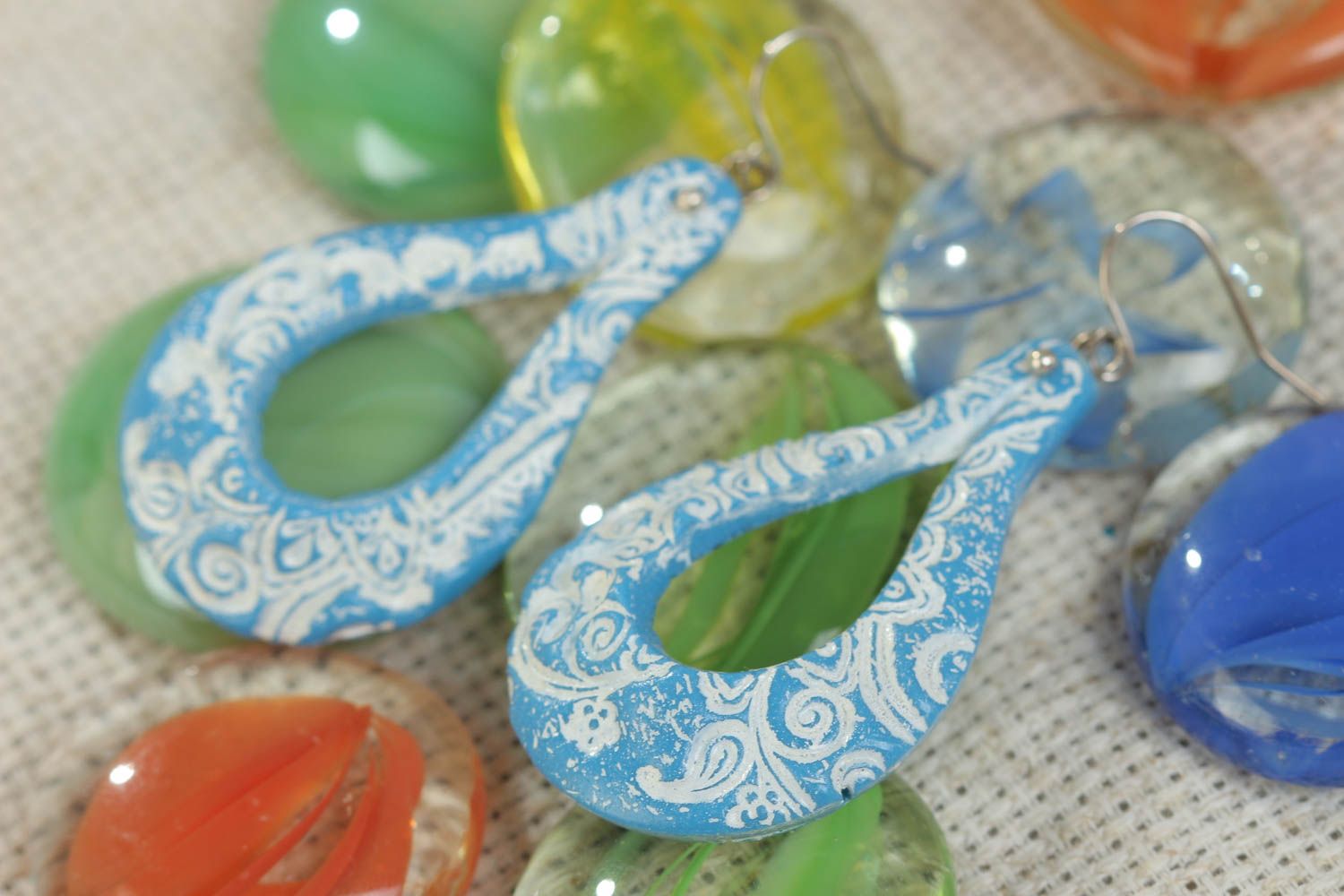 Beautiful blue and white handmade long polymer clay earrings photo 1