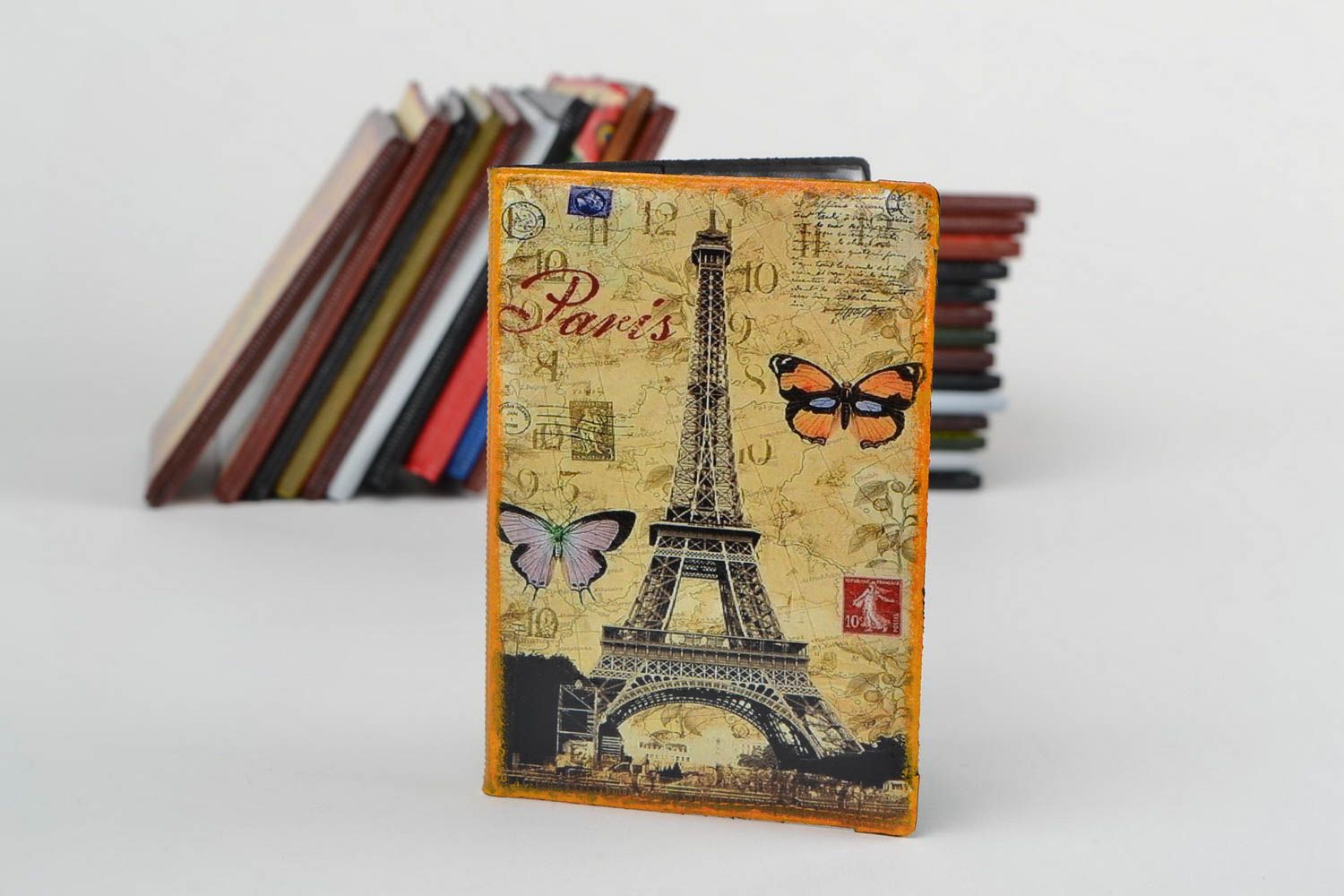 Handmade stylish faux leather passport cover with decoupage pattern Retro Paris photo 1