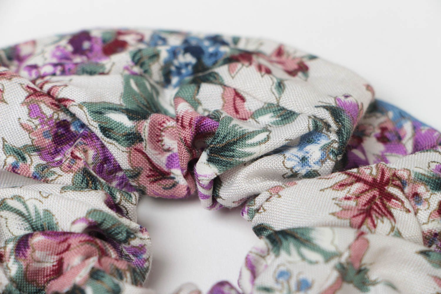 Beautiful handmade large textile hair tie of light color with flower print photo 4