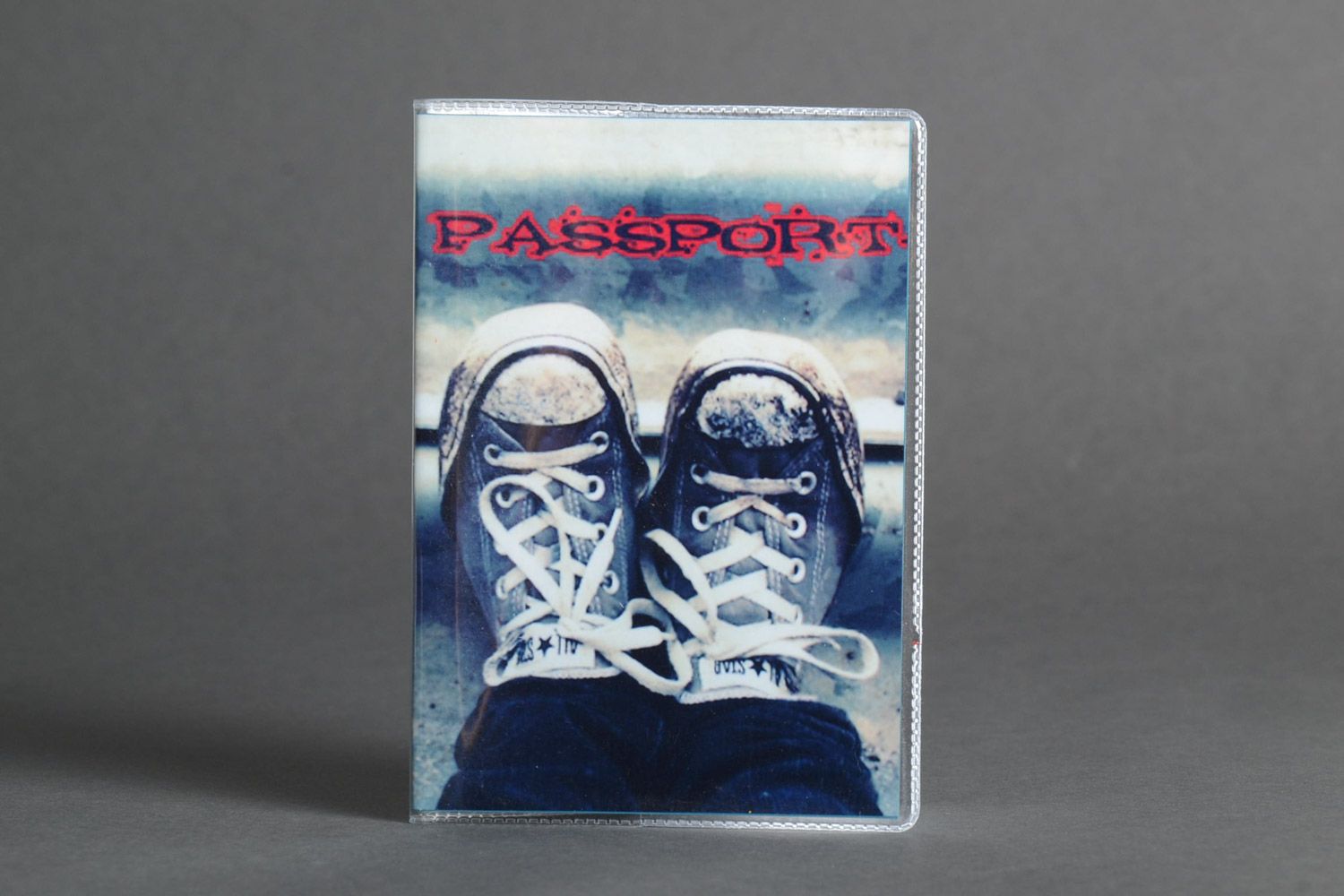 Handmade gray plastic passport cover with sneakers photo print photo 1