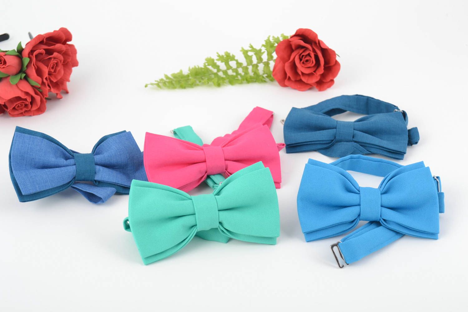 Set of 5 beautiful handmade designer fabric bow ties of different colors photo 1