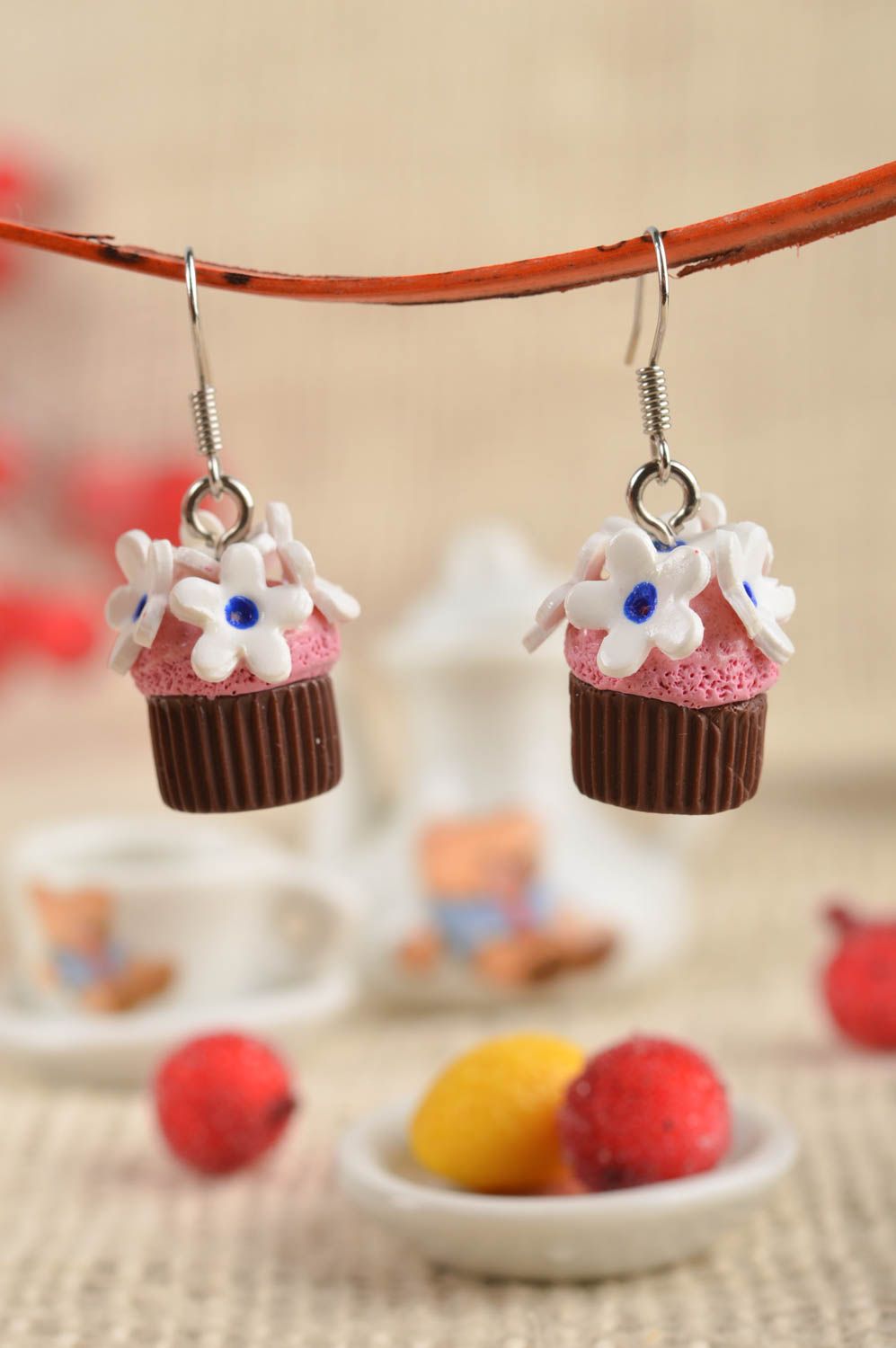 Handmade Designer Ohrringe Kuchen mit Blumen Damen Schmuck Accessoire für Frauen foto 1
