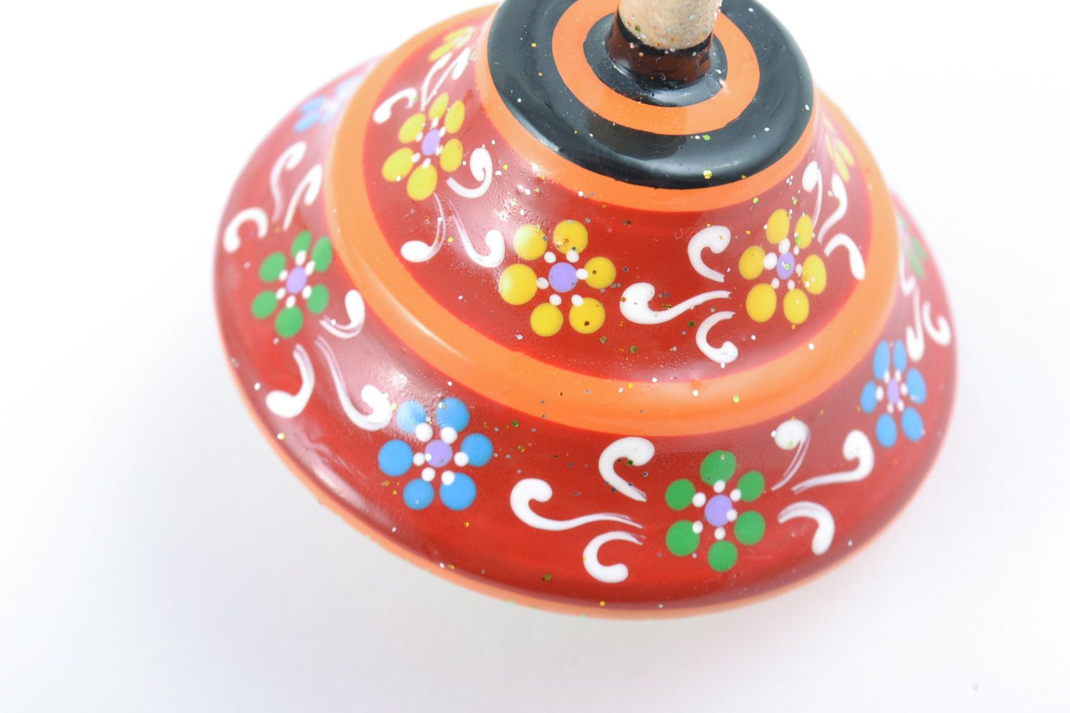 Beautiful handmade designer small wooden children's spin top toy with bright painting photo 3
