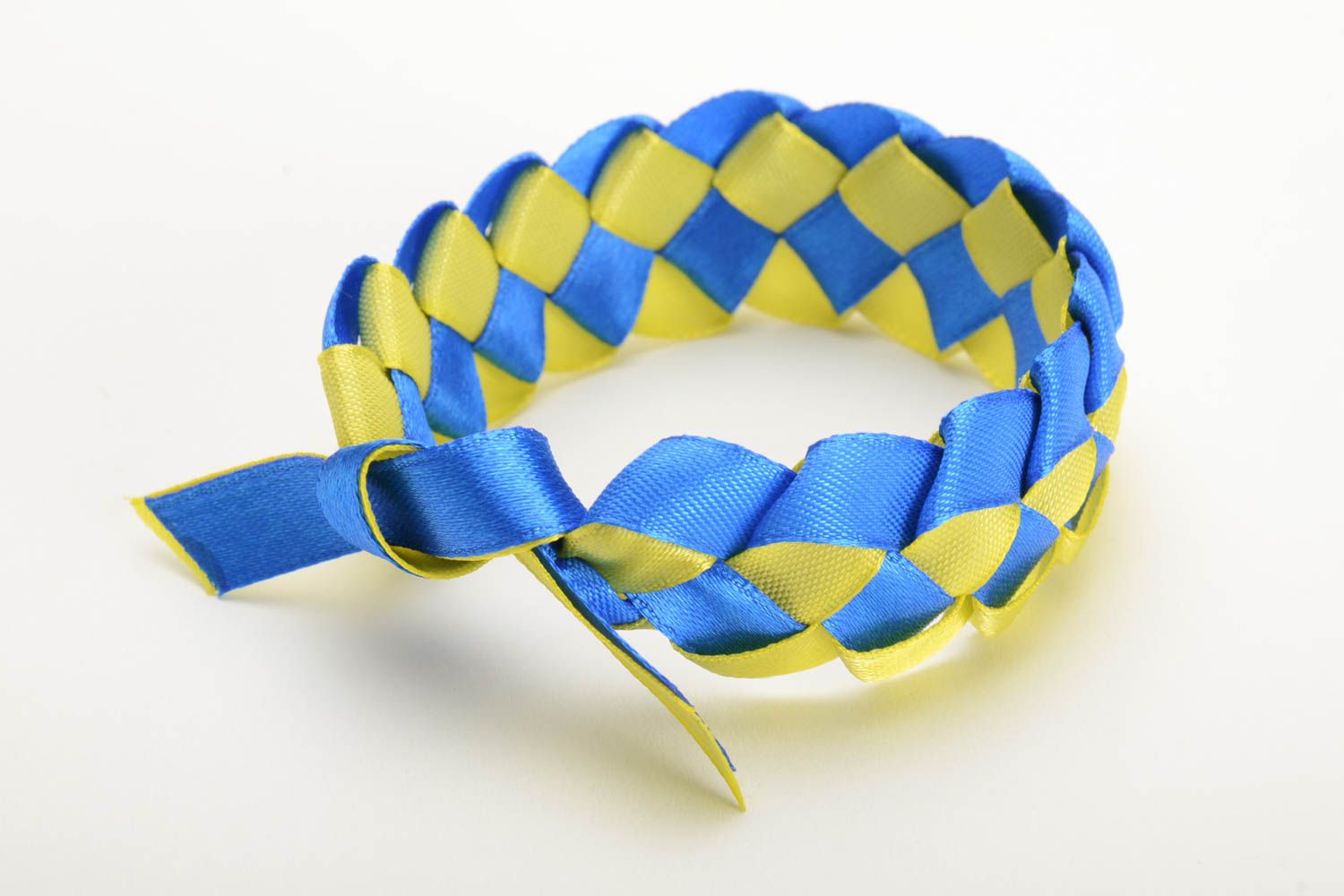 Handmade bright wrist bracelet woven of yellow and blue satin ribbons photo 3