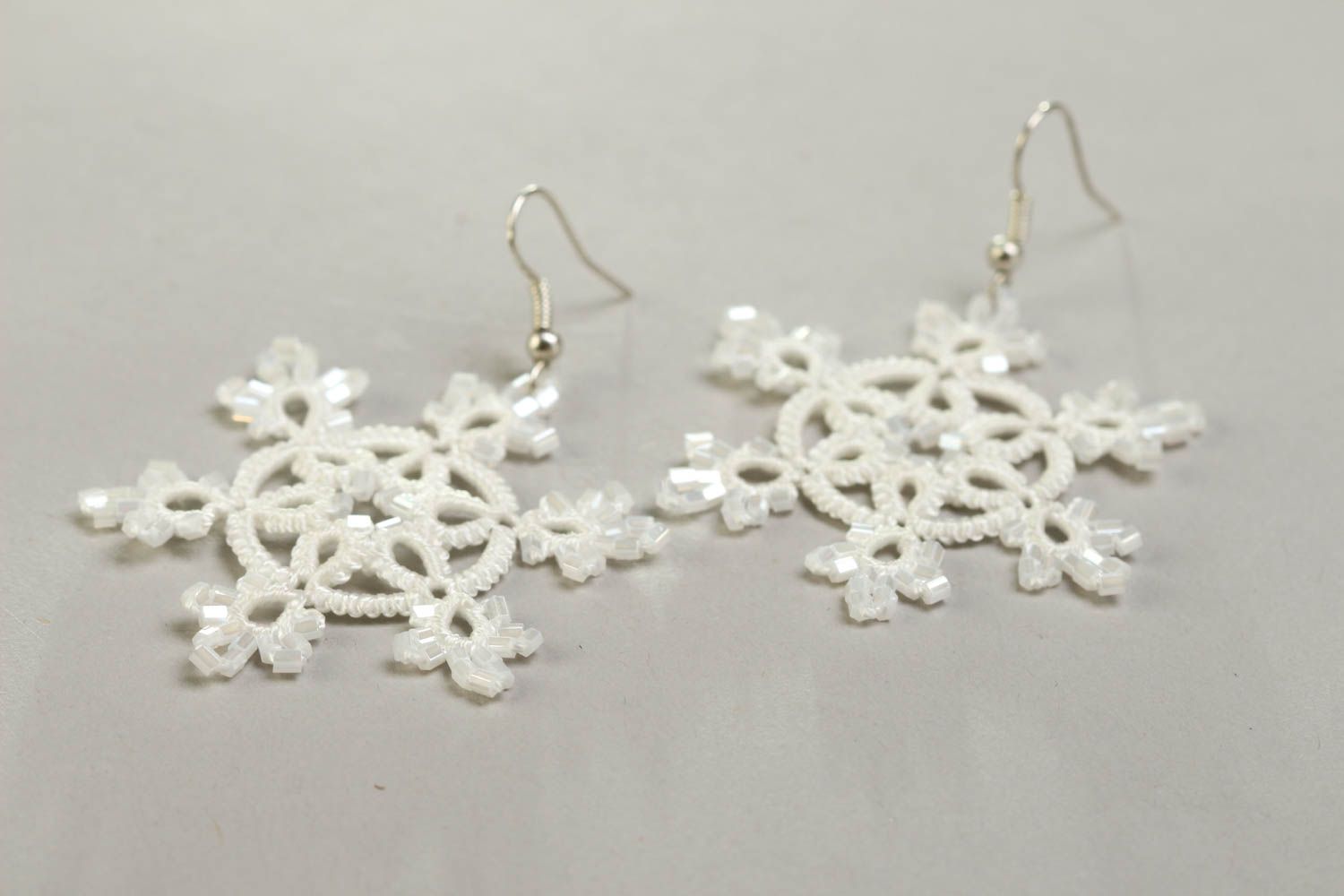 White handmade tatting earrings woven textile earrings beautiful jewellery photo 3