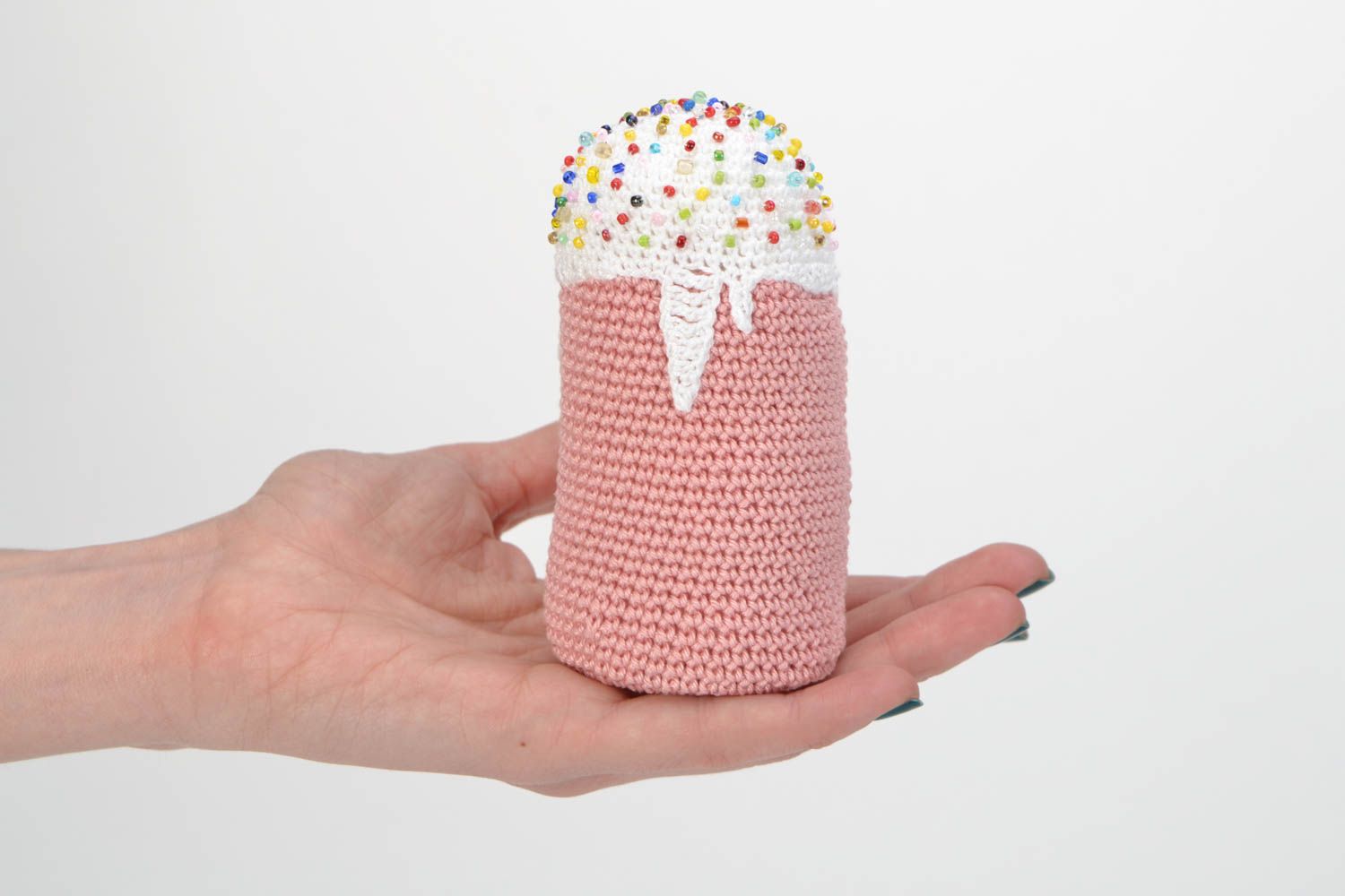 Handmade crochet soft toy in the shape of pink Easter cake decorated with beads photo 2