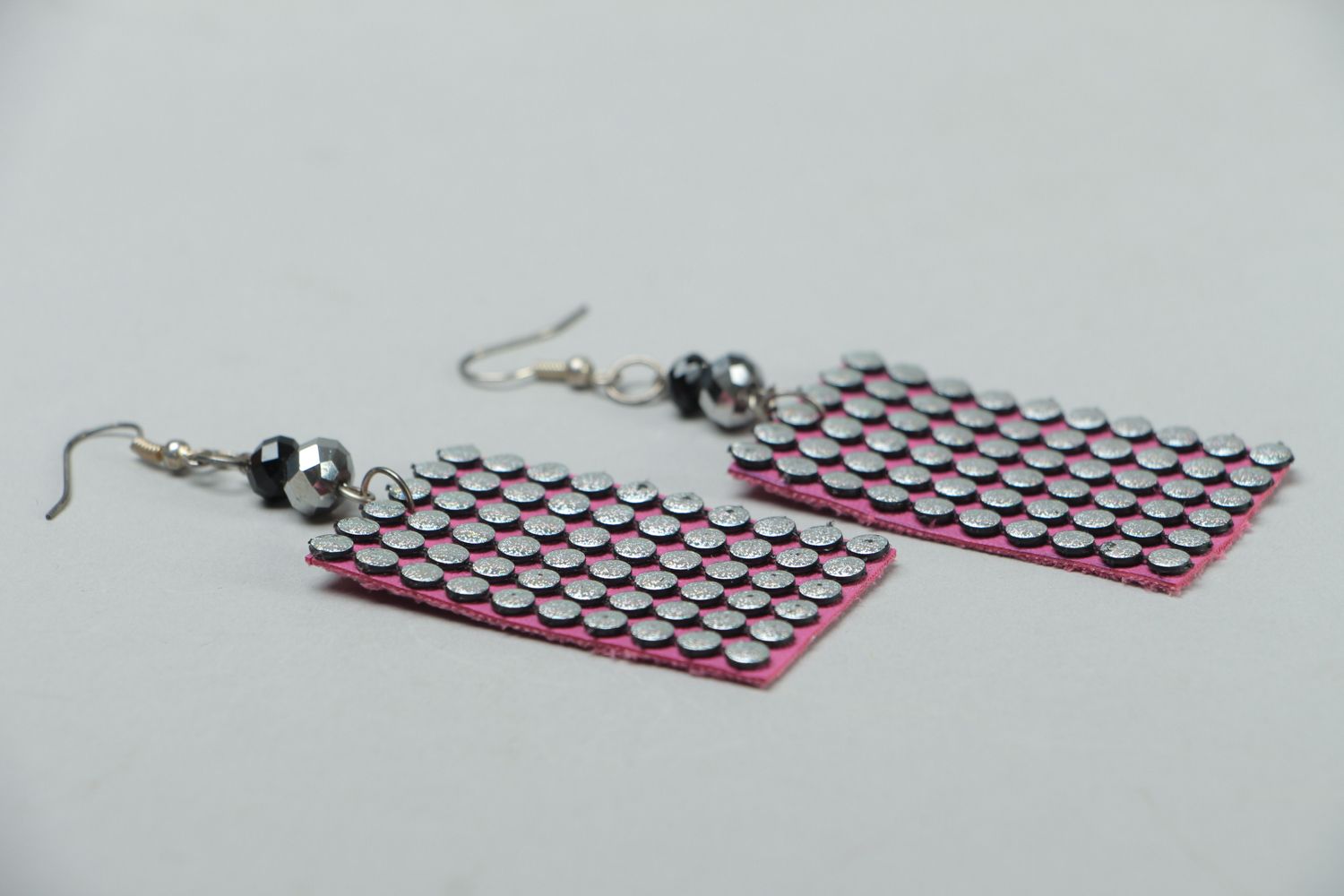 Artificial leather earrings of rectangular shape with rhinestones photo 2
