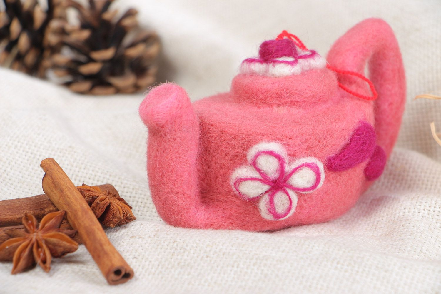 Handmade designer felted wool interior pendant toy teapot of pink color photo 1